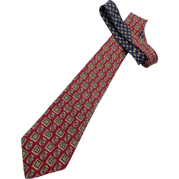 Tommy Hilfiger Silk Tie Vintage 90's Red Blue Preppy Crests - Picture 2 of 6